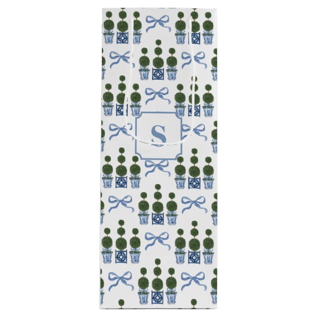 Chinoiserie Topiary Tree Blue Bow Geschenktüte Für Weinflaschen (Vorderseite)
