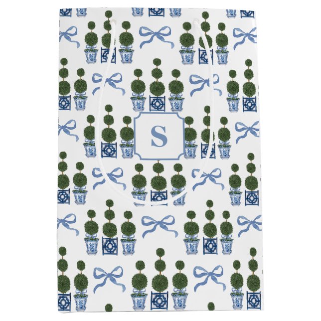 Chinoiserie Topiary Tree Blue Bow Mittlere Geschenktüte (Vorderseite)