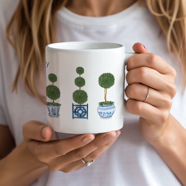 Chinoiserie Topiary Tree Keramik Kaffeetasse (personalized topiary tree chinoiserie mug custom name)