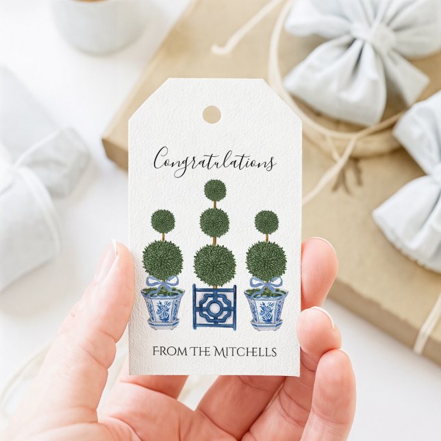 Chinoiserie Topiary Trees mit Blaufuhe Geschenkanhänger (Topiary Trio Gift Tag)
