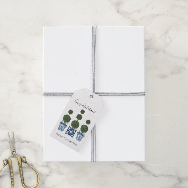 Chinoiserie Topiary Trees mit Blaufuhe Geschenkanhänger (Mit Garn)