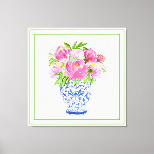 Chinoiserie-Vase mit rosa Pfingstrosen und grünem  Leinwanddruck