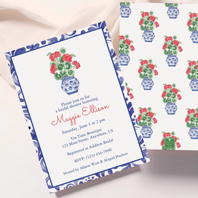 Chinoiserie Vase of Red Geraniums Einladung (Von Creator hochgeladen)