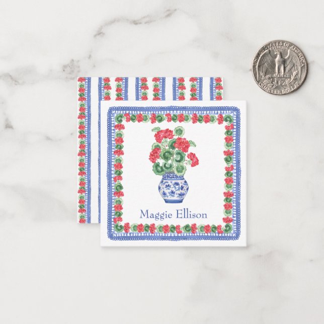 Chinoiserie Vase of Red Geraniums - Geschenkvorfüh Mitteilungskarte (Vorderseite/Rückseite Beispiel)