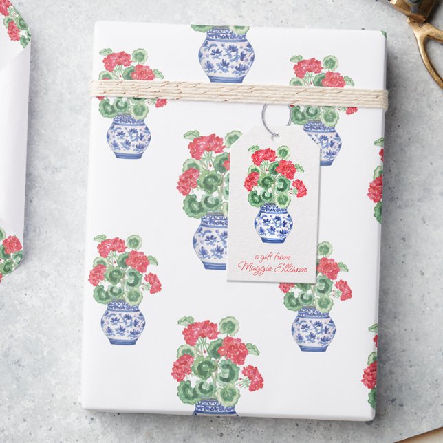 Chinoiserie Vase of Red Geraniums Personalisiert Geschenkanhänger (Von Creator hochgeladen)