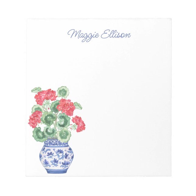 Chinoiserie Vase of Red Geraniums Personalisiert Notizblock (Vorderseite)