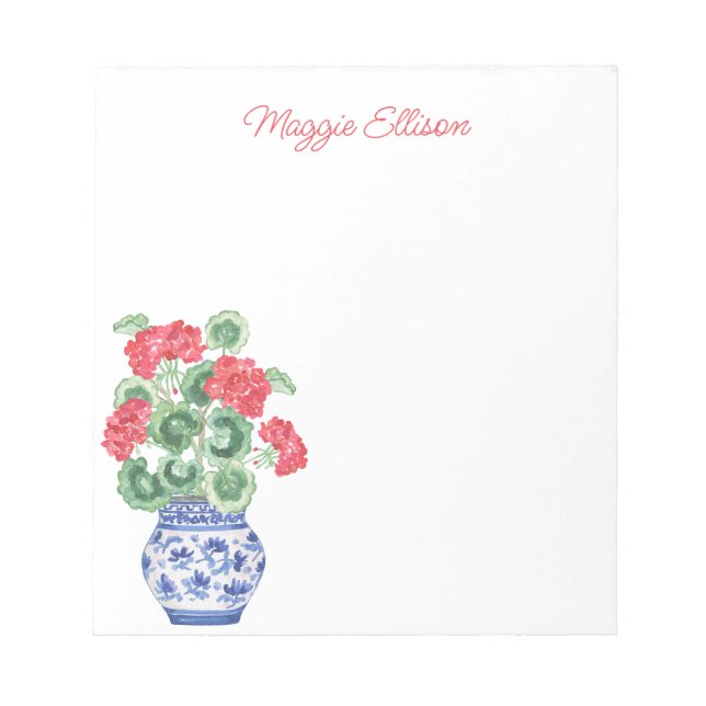 Chinoiserie Vase of Red Geraniums Personalisiert Notizblock (Vorderseite)