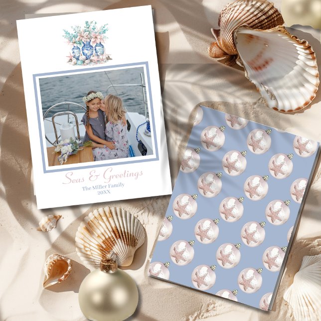 Chinoiserie Vases mit Eukalyptus & Poinsettias Feiertagskarte (Chinoiserie Vases with Eucalyptus & Poinsettias Holiday Card- front and back)