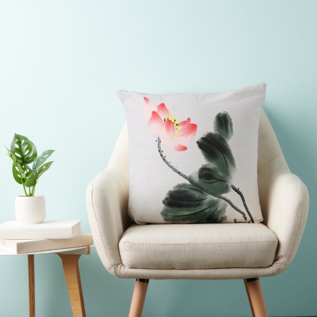Chinoiserie Vintage Tinte Wash Gemälde Lotus Kissen (Stuhl )
