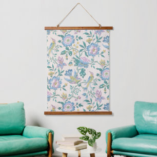 Chinoiserie Vintage Vogel Florales Pastellmuster Wandteppich Mit Holzrahmen