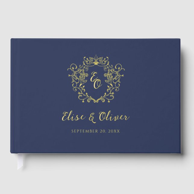 Chinoiserie Vintages Monogramm Wappen Hochzeit Gästebuch (Vorderseite)