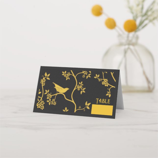 Chinoiserie Vögel in Bäumen Schwarze Platzkarte (Vorderseite)