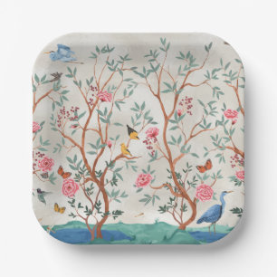 Chinoiserie-Wandbild mit Reihern und Blumen Pappteller