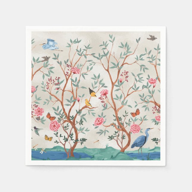 Chinoiserie-Wandbild mit Reihern und Blumen Serviette (Vorderseite)