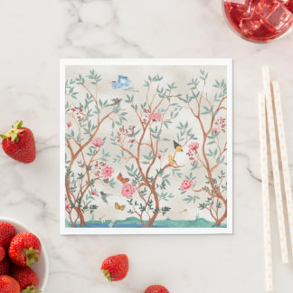 Chinoiserie-Wandbild mit Vögeln und blühenden Bäum Serviette