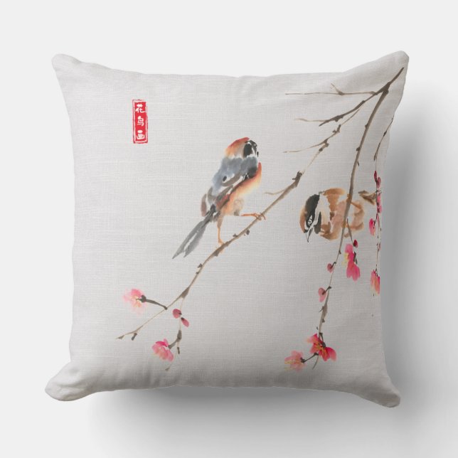 Chinoiserie Wasserfarben Bird Blume Malerei Kissen (Vorderseite)