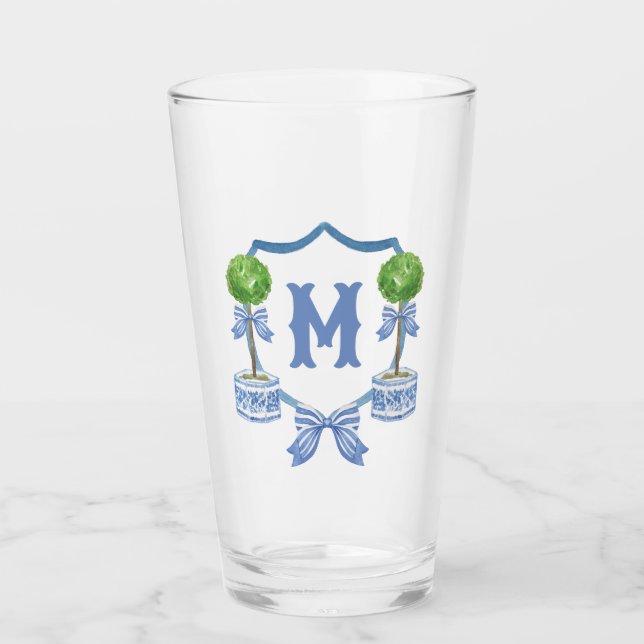 Chinoiserie Wasserfarben Wappen Topiary Monogram Glas (Vorderseite)