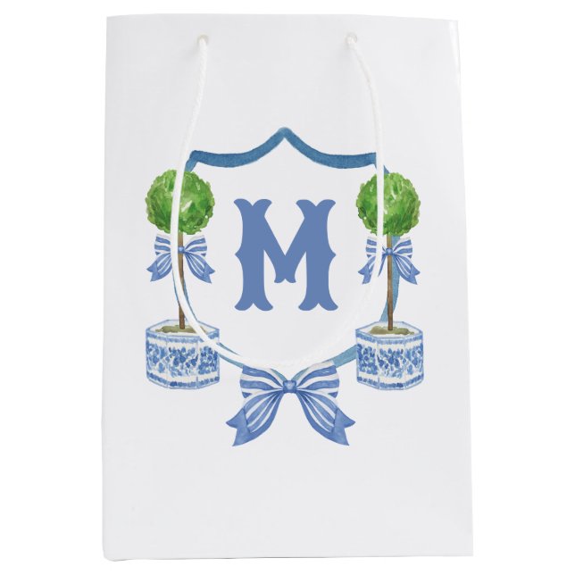 Chinoiserie Wasserfarben Wappen Topiary Monogram Mittlere Geschenktüte (Vorderseite)