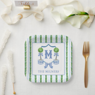 Chinoiserie Wasserfarben Wappen Topiary Monogram Pappteller