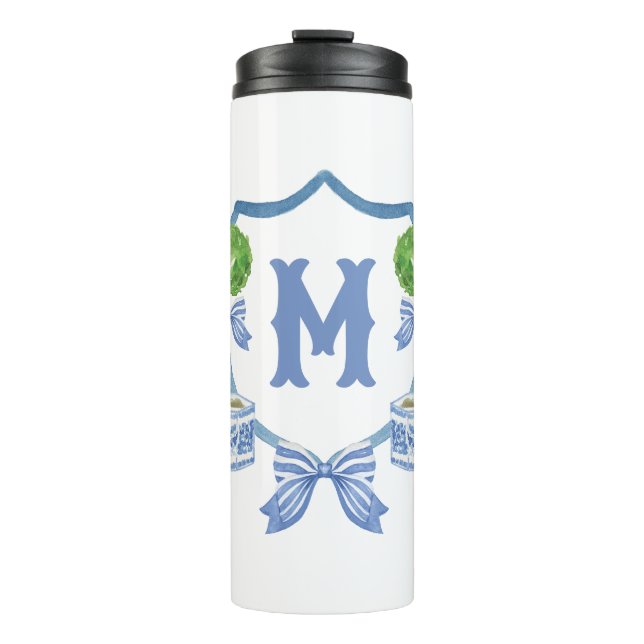 Chinoiserie Wasserfarben Wappen Topiary Monogram Thermosbecher (Vorderseite)