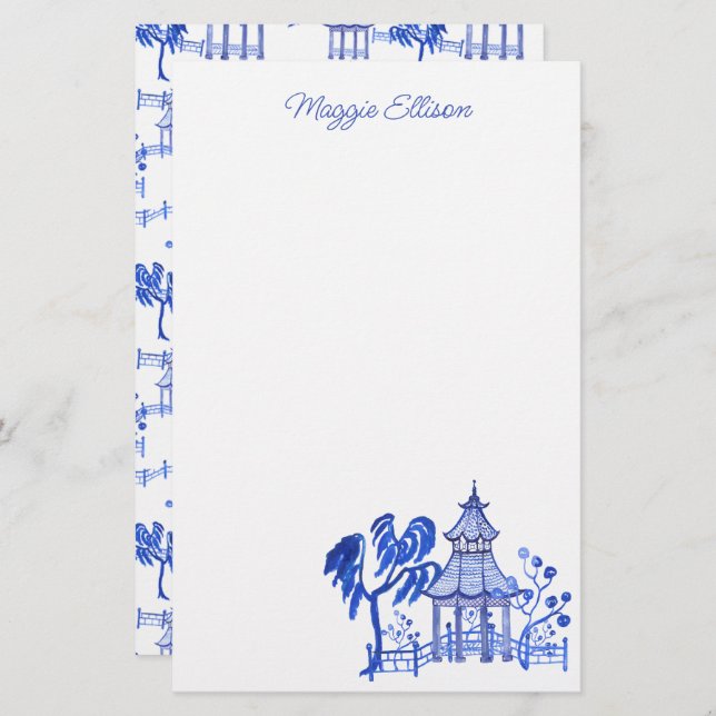 Chinoiserie Watercolor Blue Pagoda Briefpapier (Vorne/Hinten)