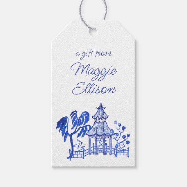 Chinoiserie Watercolor Blue Pagoda Gift Tags Geschenkanhänger (Vorderseite)