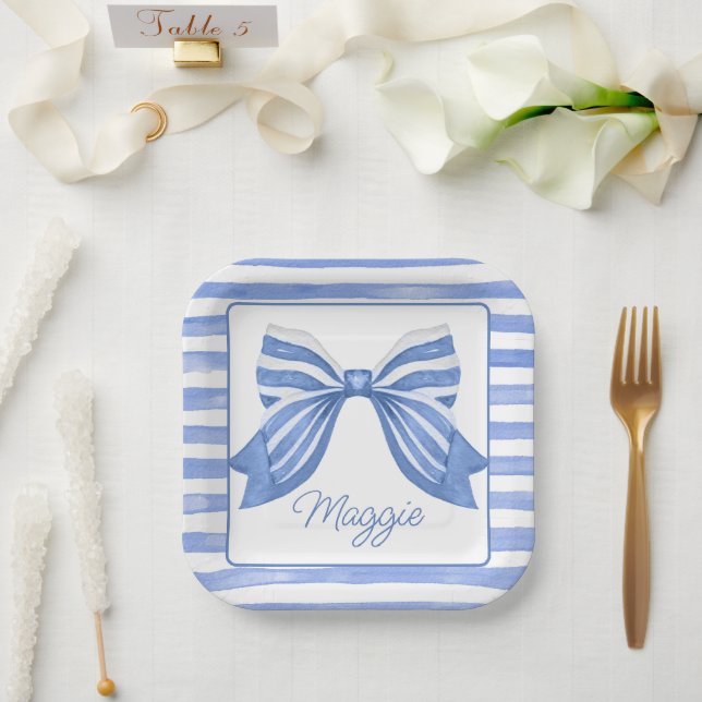 Chinoiserie Watercolor Blue Strip Bow Pappteller (Hochzeit)