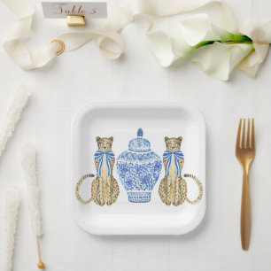 Chinoiserie Watercolor Bow Cheetah Ginger Jar Pappteller