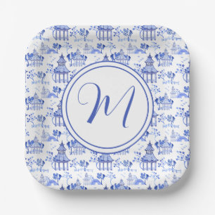 Chinoiserie Watercolor Pagoda Muster Pappteller