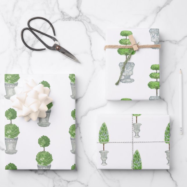 Chinoiserie Watercolor Topiary Wrapping Paper Geschenkpapier Set (Vorderseite)