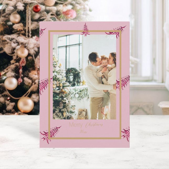 Chinoiserie Weihnachten Dusty rosa Pagode 2-Foto (Chinoiserie Christmas Dusty pink Pagoda 2-Photo Holiday Card)