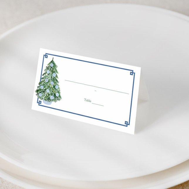 Chinoiserie Weihnachtsessen Party Büffet Karten (Preppy blue and green chinoiserie holidays tree place cards with tartan backer)