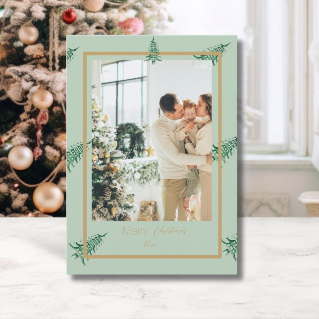 Chinoiserie Weihnachtsfeier Grüne Pagode 2-Foto Feiertagskarte (Chinoiserie Christmas Sage Green Pagoda 2-Photo Holiday Card)