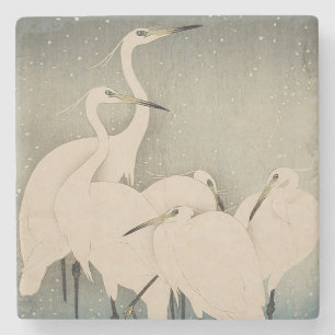 Chinoiserie Weißer Reiher Winter-Schnee-Muster Steinuntersetzer