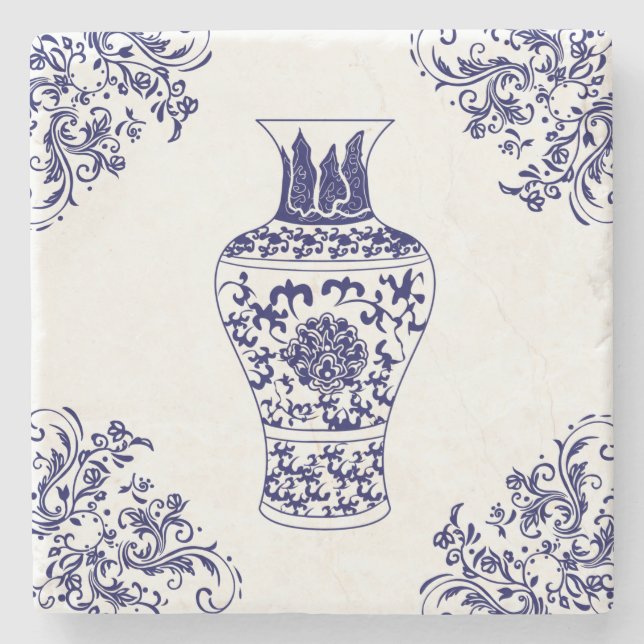 Chinoiserie White und Blue Ginger Jar Steinuntersetzer (Vorderseite)
