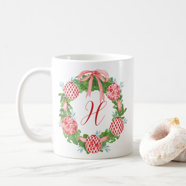 Chinoiserie Wreath Christmas Monogram Kaffeetasse (Mit Donut)