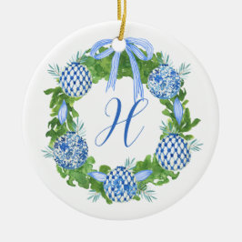 Chinoiserie Wreath Christmas Monogram Keramik Ornament