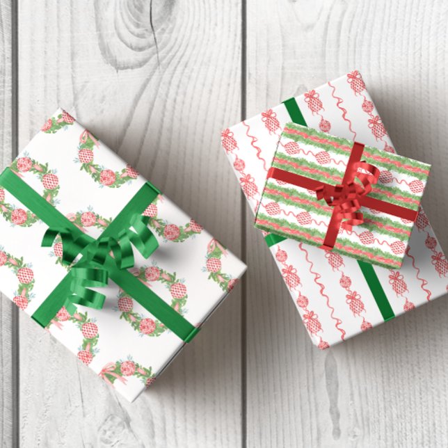 Chinoiserie Wreath & Garden Geschenkpapier Set (Chinoiserie Red Christmas Ornament Wreaths Wrapping Paper)