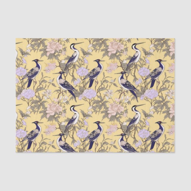 Chinoiserie Yellow Floral Egret Seidenpapier (Vorderseite)