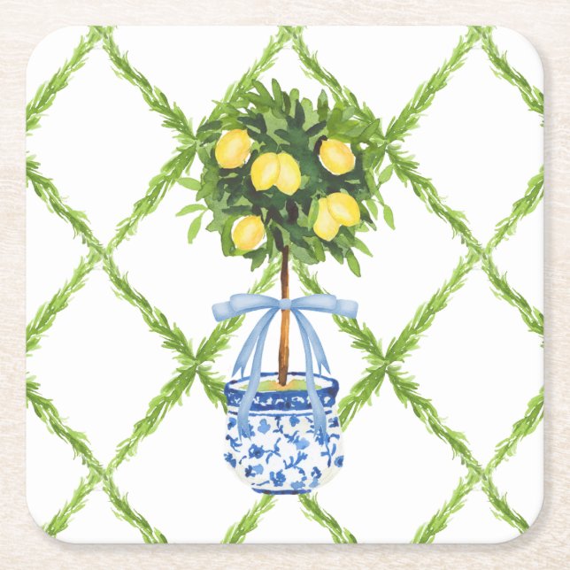 Chinoiserie-Zitronen-Topiarie mit blauem Band Rechteckiger Pappuntersetzer (Vorderseite)
