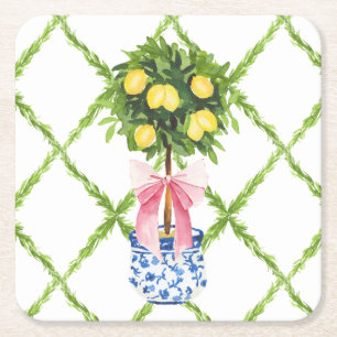 Chinoiserie-Zitronen-Topiary mit rosa Schleife Rechteckiger Pappuntersetzer