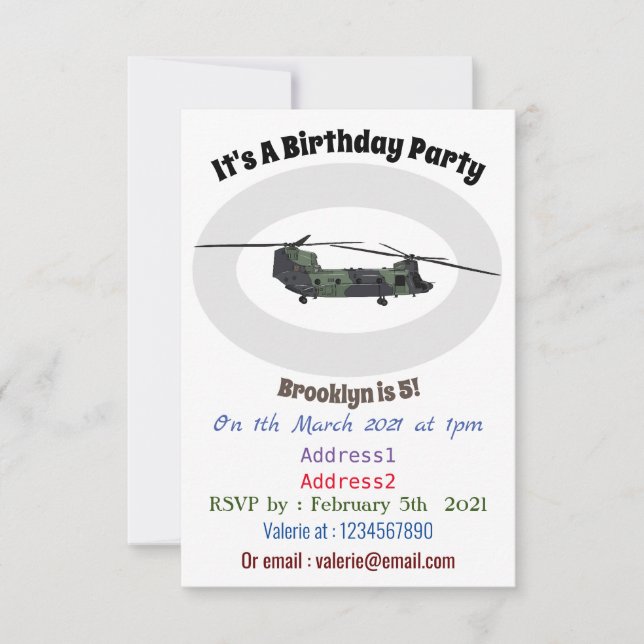 Chinook Heerhubschrauber Cartoon Illustration Einladung (Vorderseite)