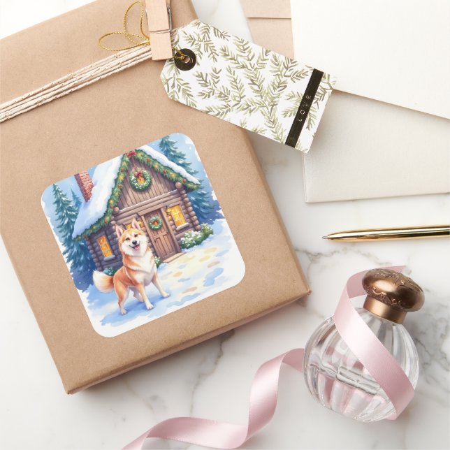 Chinook Rustic Log Cabin Christmas Art Quadratischer Aufkleber (Schenken)