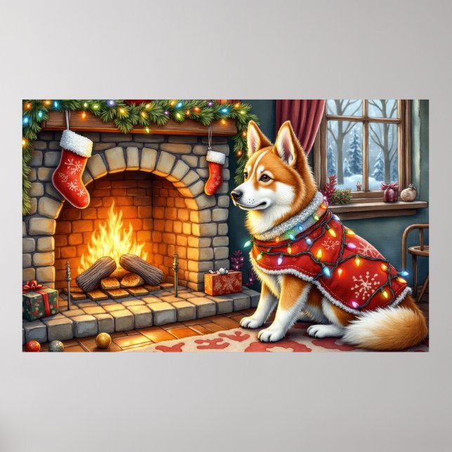 Chinook Sitting by Fireplace with Christmas Lights Poster (Vorne)