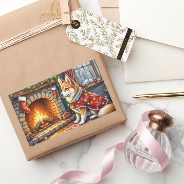 Chinook Sitting by Fireplace with Christmas Lights Rechteckiger Aufkleber (Schenken)