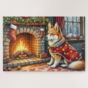 Chinook sitzt neben dem Kamin mit Weihnachtsbeleuc Puzzle