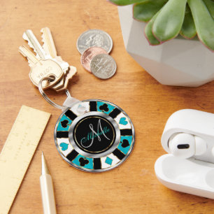 Chipdesign für Silber und Türkis - Poker - Monogra Schlüsselanhänger