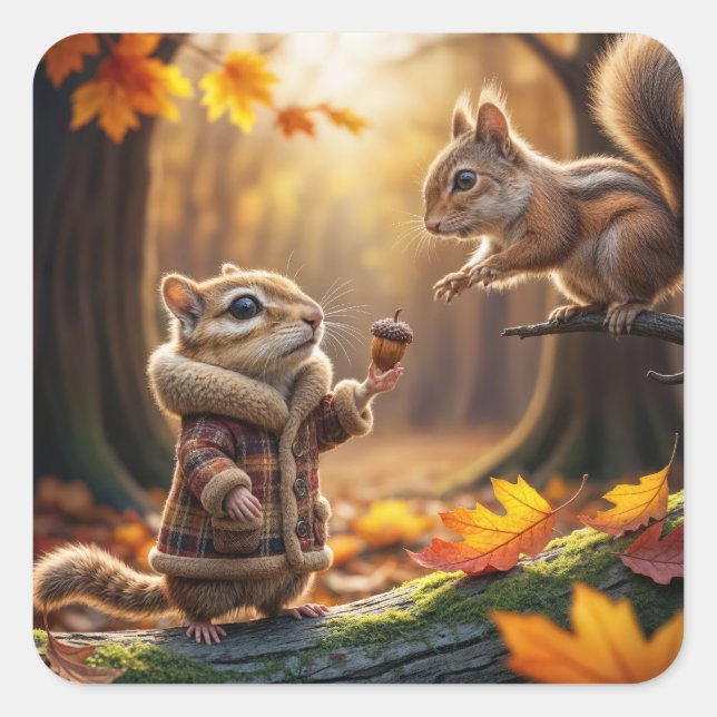 Chipmunk-Begegnung in einem Herbstwald Quadratischer Aufkleber (Vorderseite)