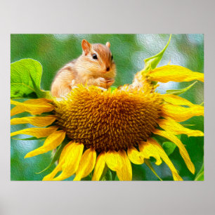 Chipmunk Gelbe Sonnenblume Foto Malerei Poster