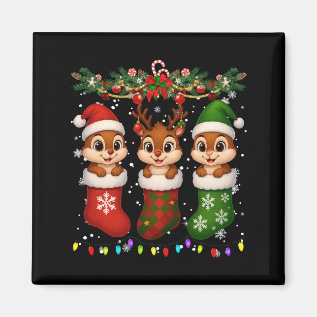Chipmunk In Christmas Socks Lights Chipmunk Xmas L Magnet (Vorne)